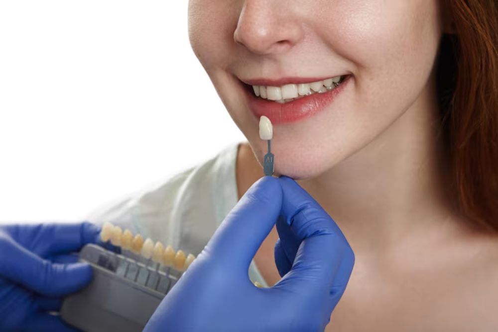 Dentist placing porcelain veneers to enhance a patient’s smile appearance